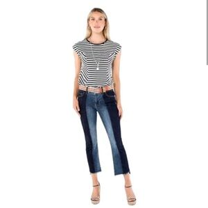 CAbi Two-Tone Patchwork Ankle Cropped Jeans in Dark and Medium Blue